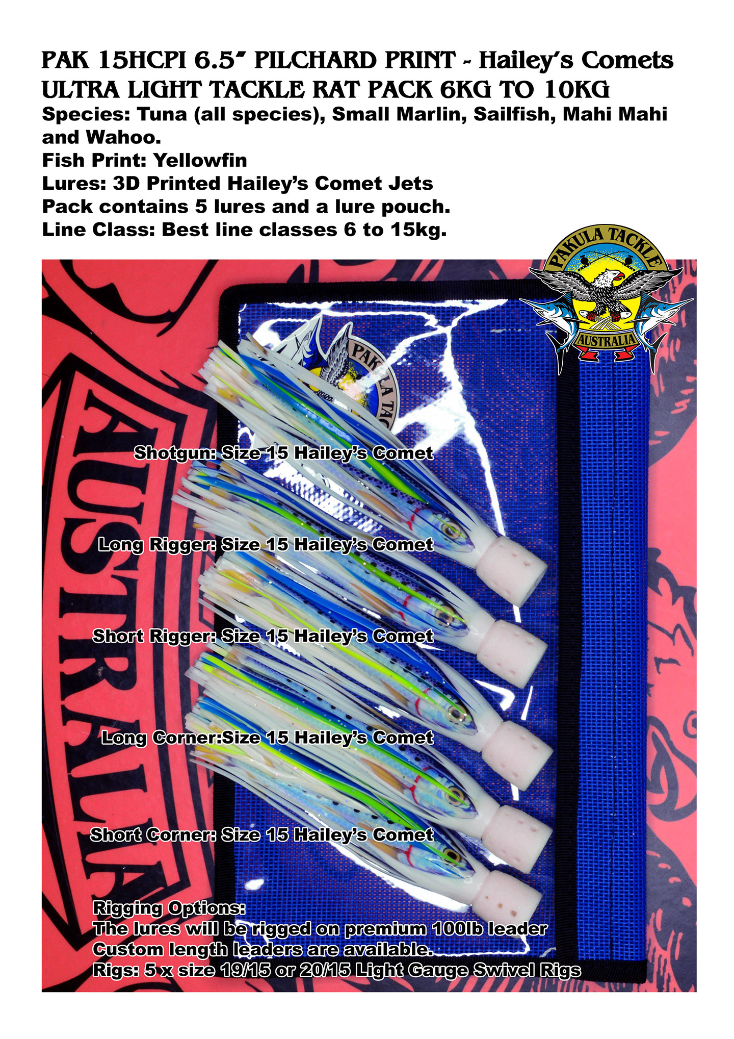 PAK 15HCPI  - 5 x Size 15 - 6.5" Hailey's Comets Pilchard Print 6kg to 24kg