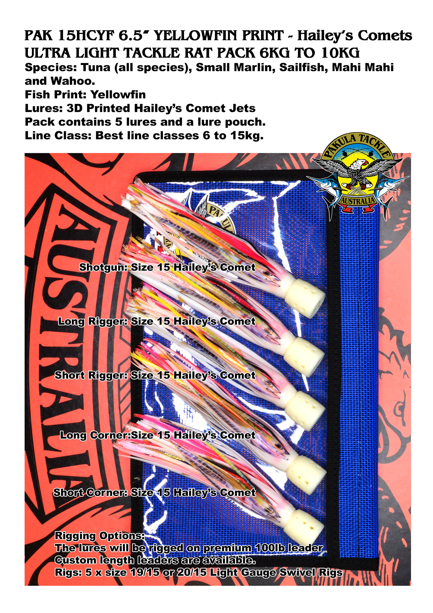 PAK 15HCYF  - 5 x Size 15 - 6.5" Hailey's Comets Yellowfin Print 6kg to 24kg