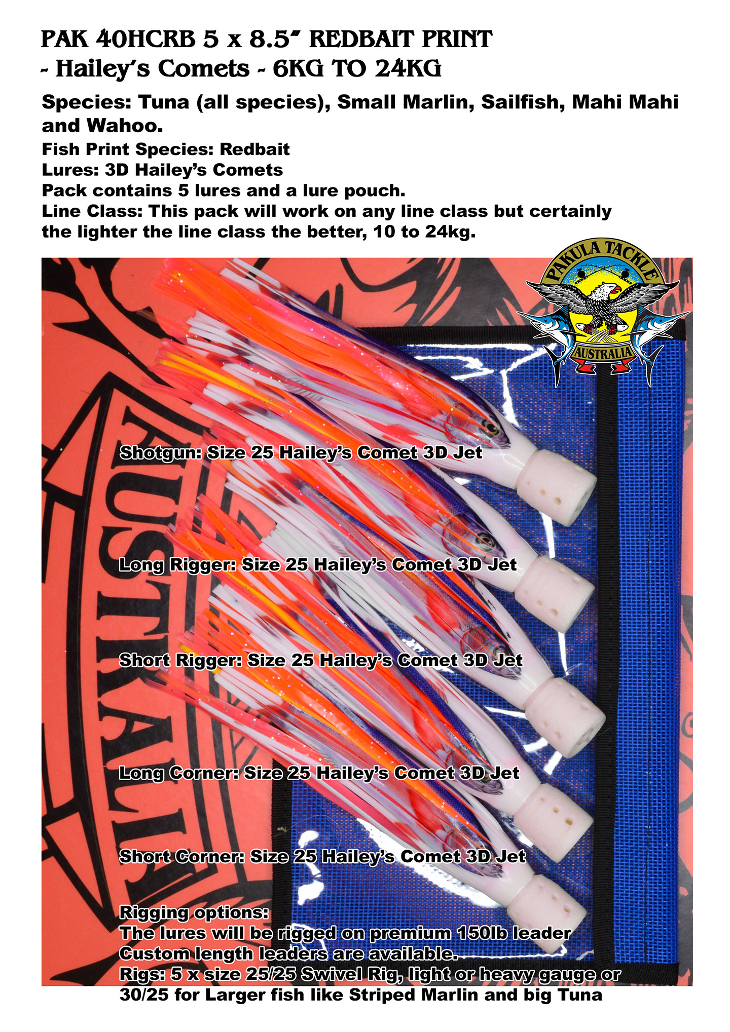 PAK 40HCRB Redbait - 5 x Size 25 - 8.5" Hailey's Comets - 8kg to 24kg
