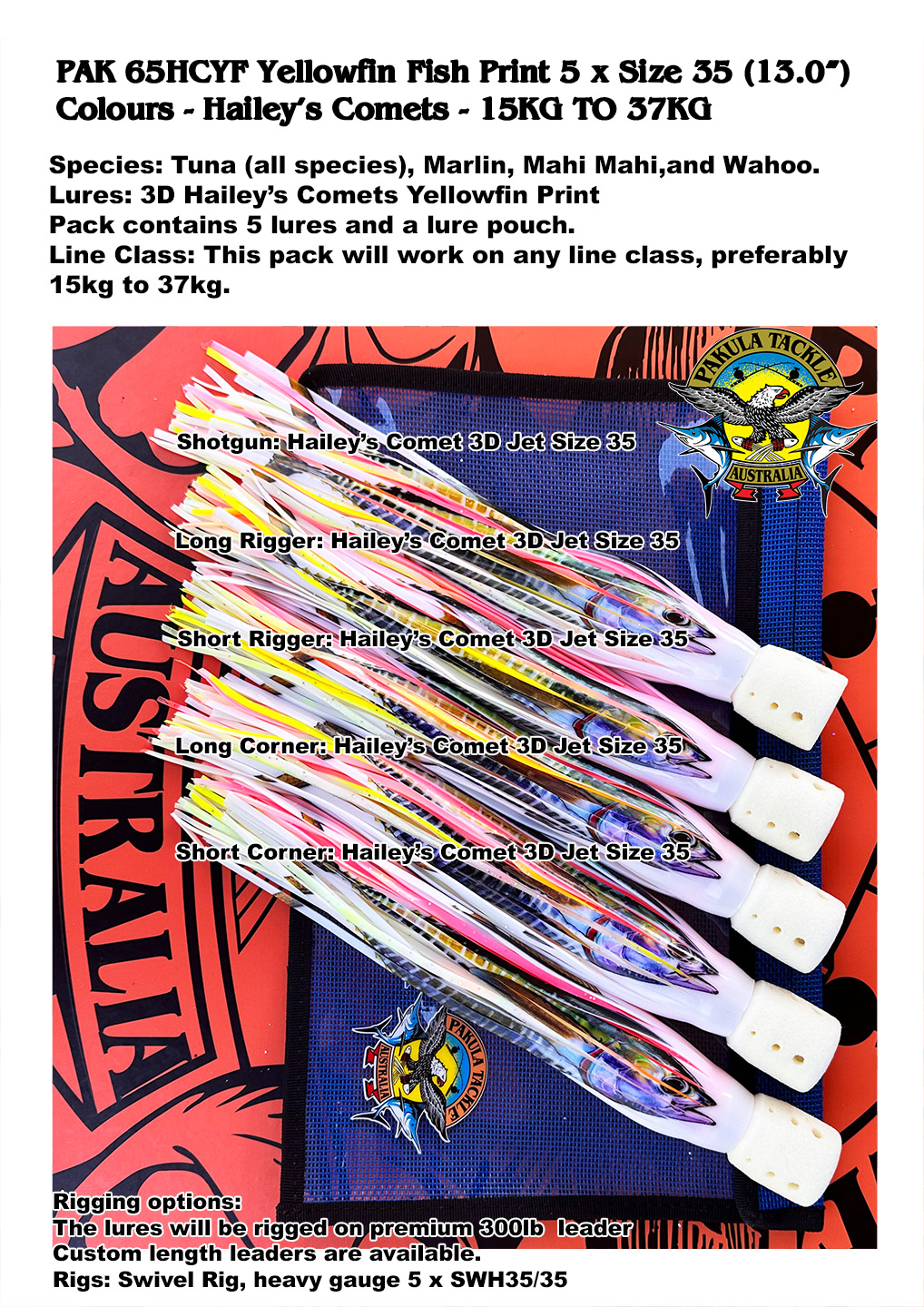 PAK 65HCYF Yellowfin - 5 x Size 35 - 13" - Hailey's Comets - 15kg to 37kg