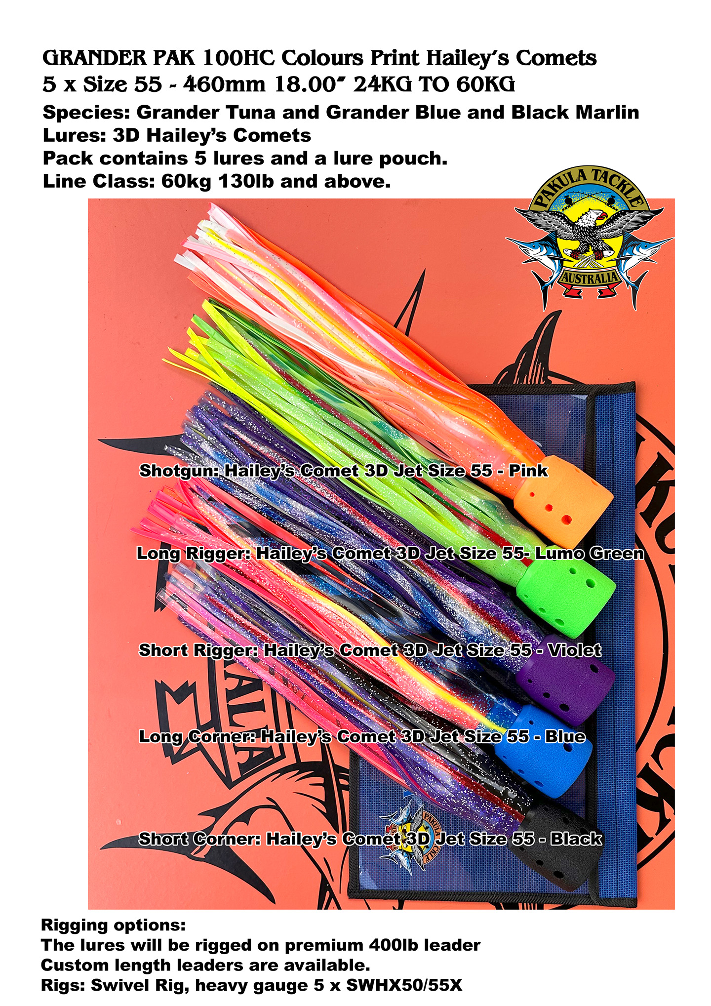 GRANDER PAK 100 HC Colours - 5 x size 55 - 460mm 18.00" Hailey's Comets - 60kg 130lb Plus