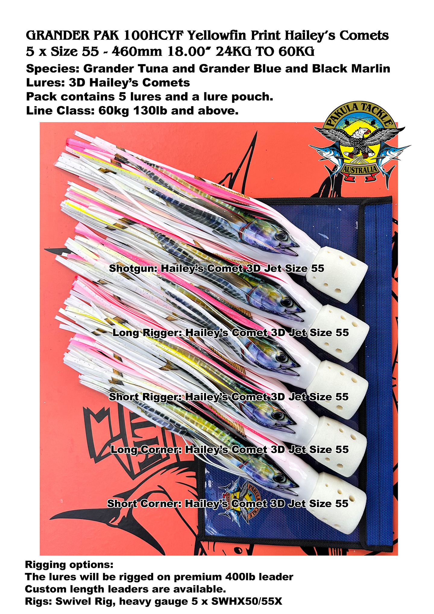 GRANDER PAK 100 HCYF Yellowfin Print - 5 x size 55 - 460mm 18.00" Hailey's Comets - 60kg 130lb Plus