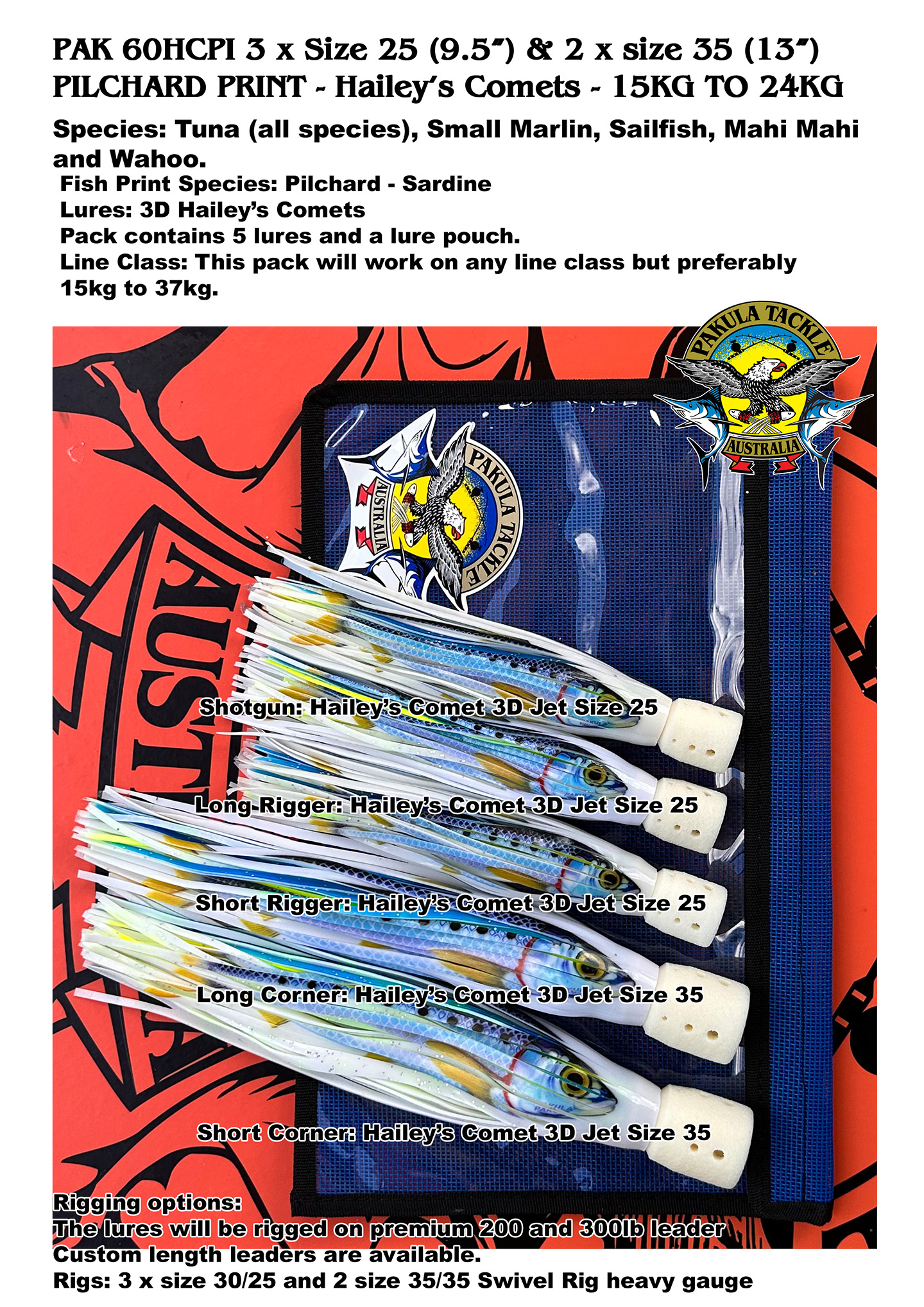 PAK 60HCPI Pilchard (Sardine) - 3 x Size 25 - 8.5"  2 x Size 35 - 13" - Hailey's Comets - 15kg to 24kg