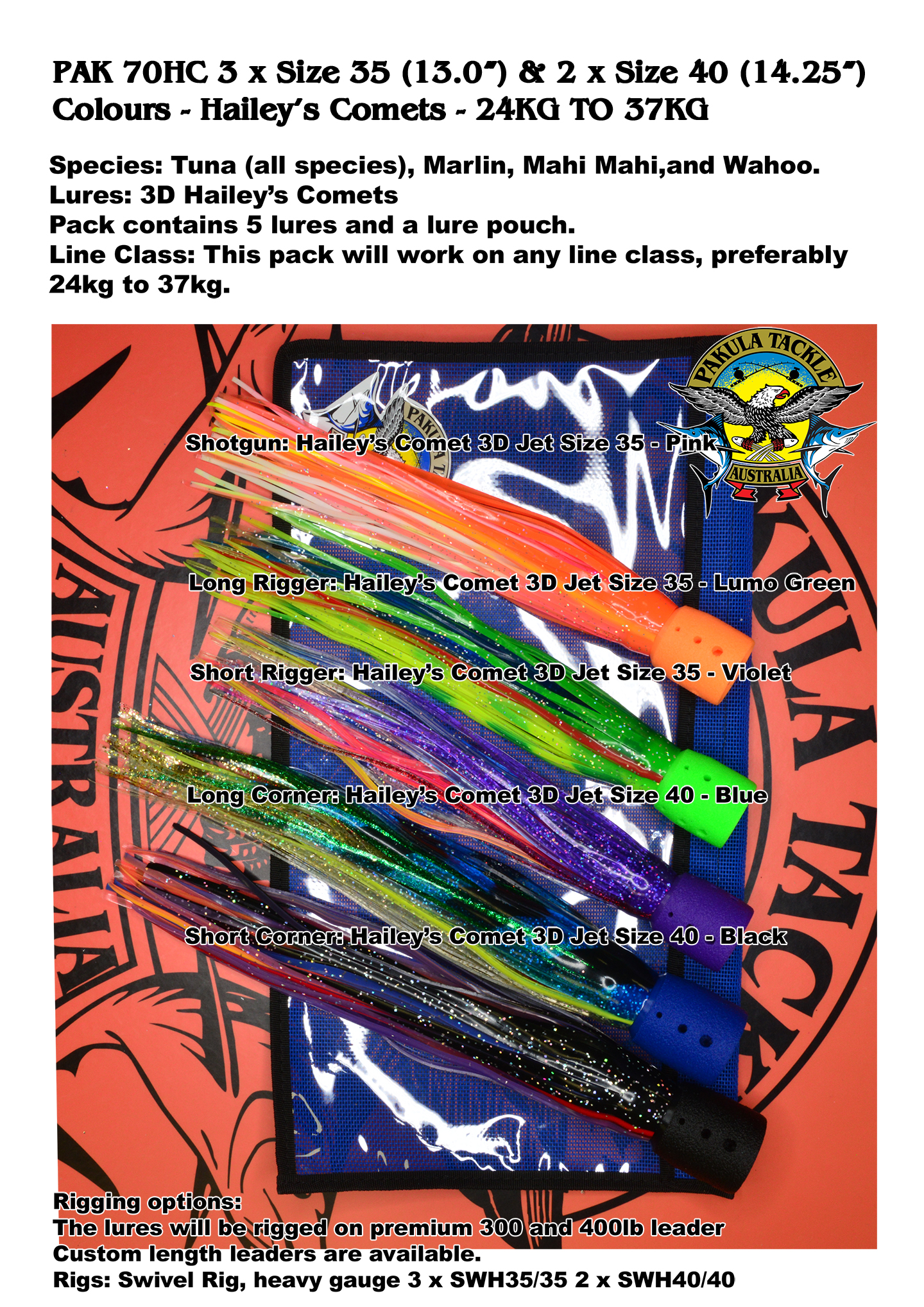 PAK 70HC Colours - 2 x size 40 -14.35", 3 x Size 35 - 13" - Hailey's Comets - 15kg to 37kg